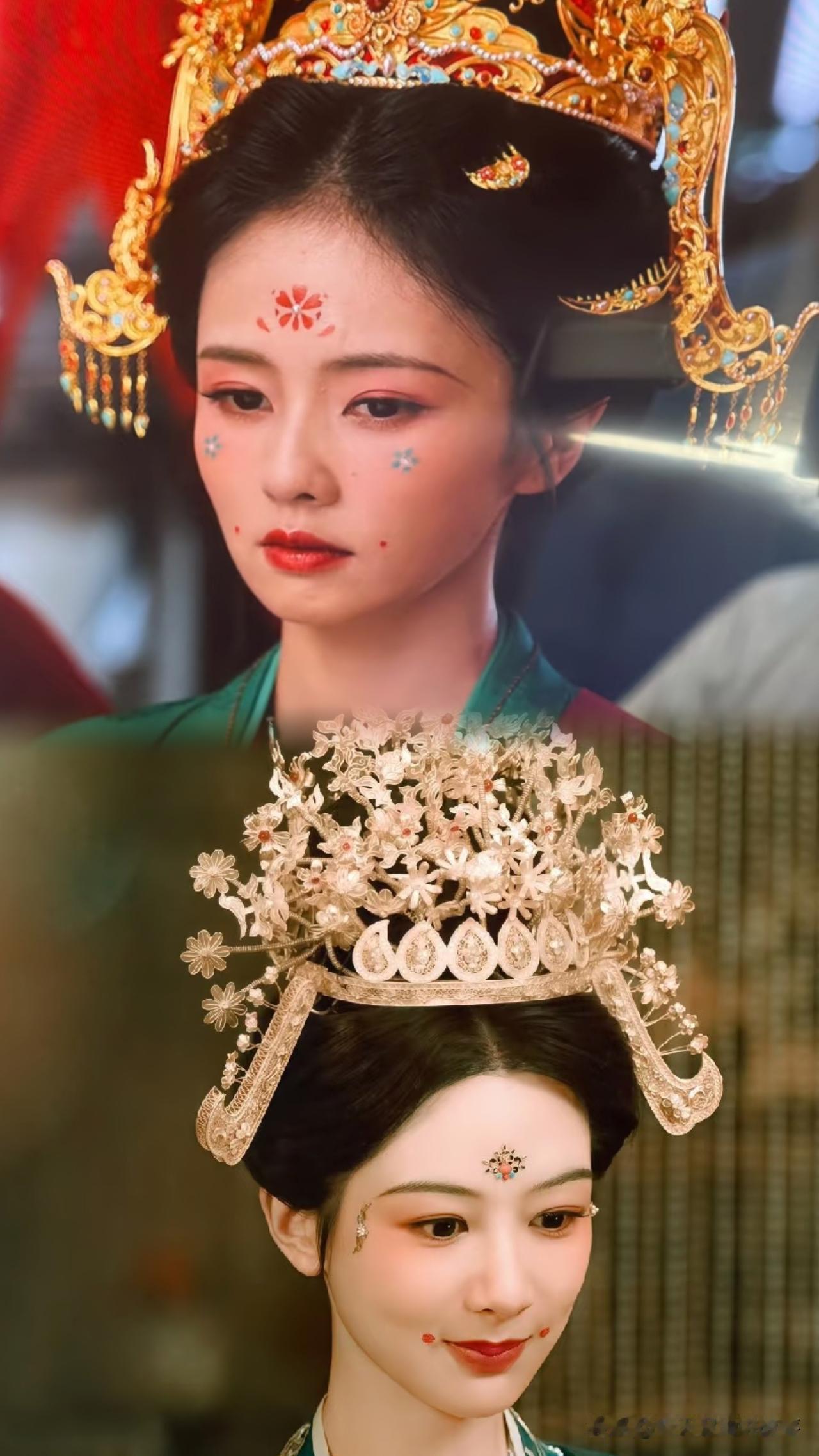 杨紫《国色芳华》vs白鹿《莫离》，同是花钿妆+华丽凤冠，却走出两种截然不同的气质