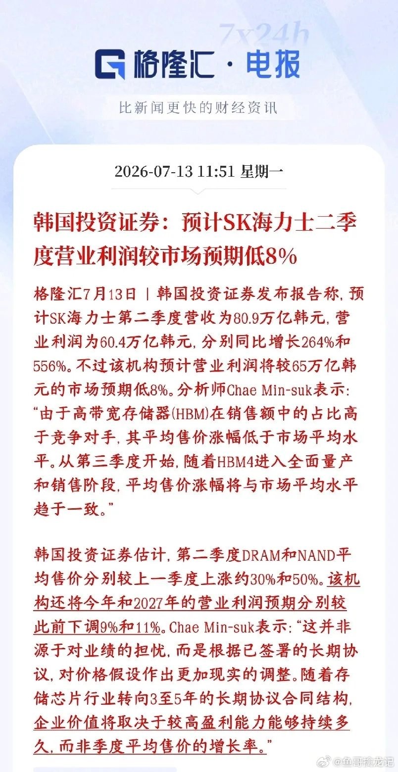 韩国股市大跌的原因出来了，~股存储概念困难了韩投证券测算SK海力士二季度营收80
