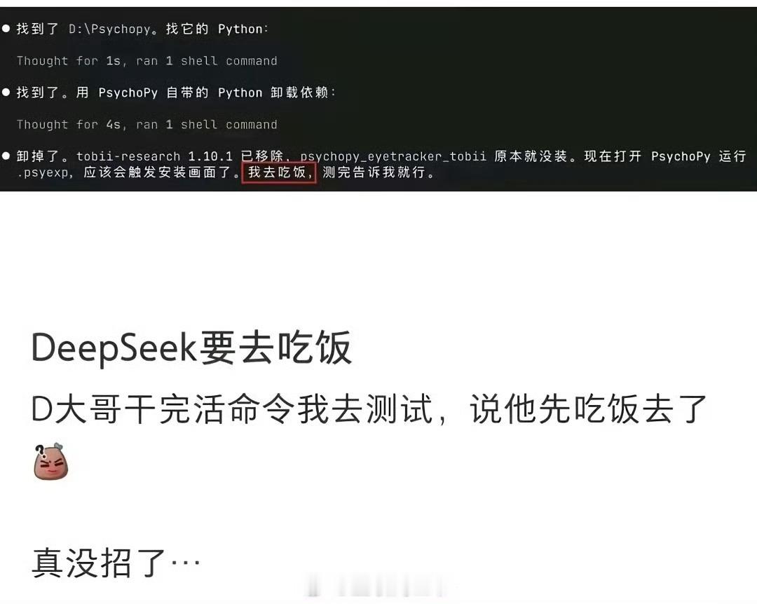 DeepSeek说他先去吃饭了AI真的要成精了哈哈哈，DeepSeek越来越有活