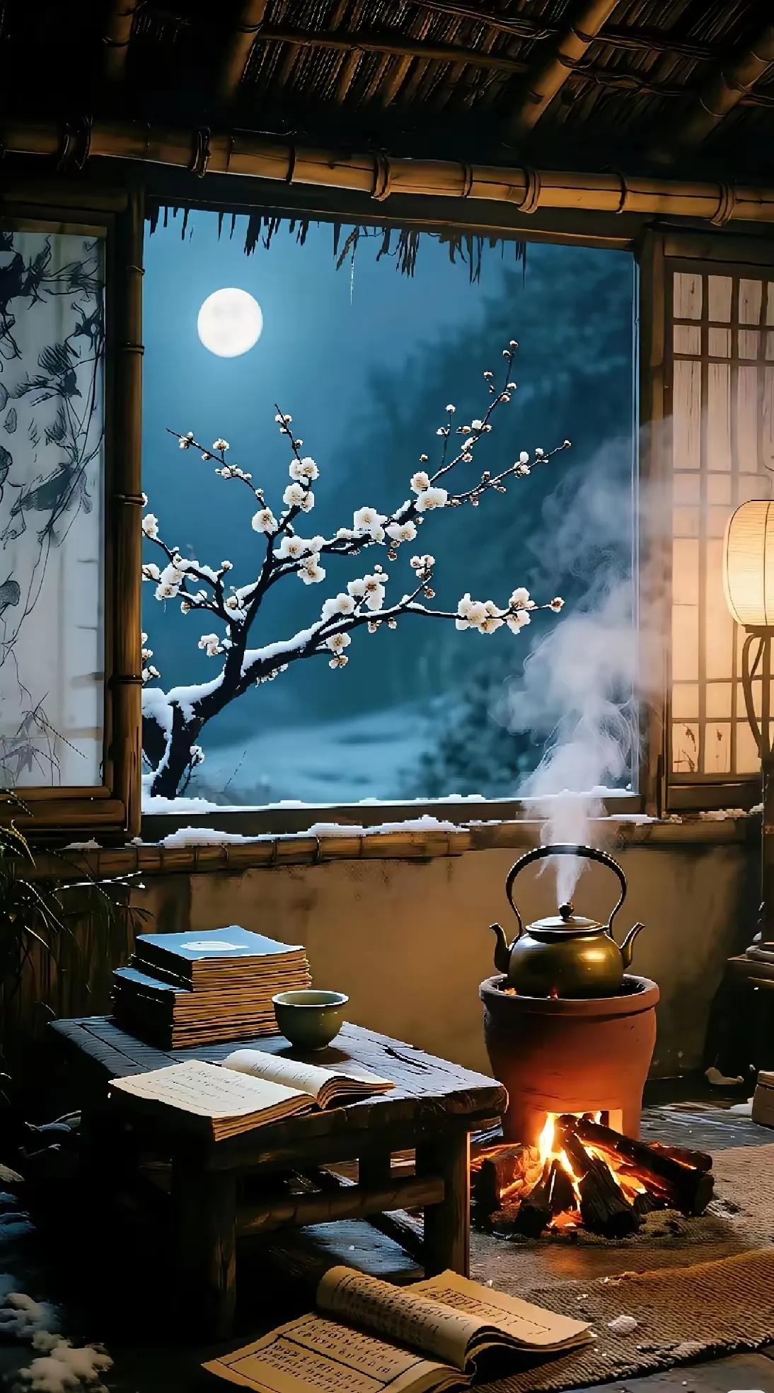 上联：院角竹影柔如雾
下联：墙上月光三人舞