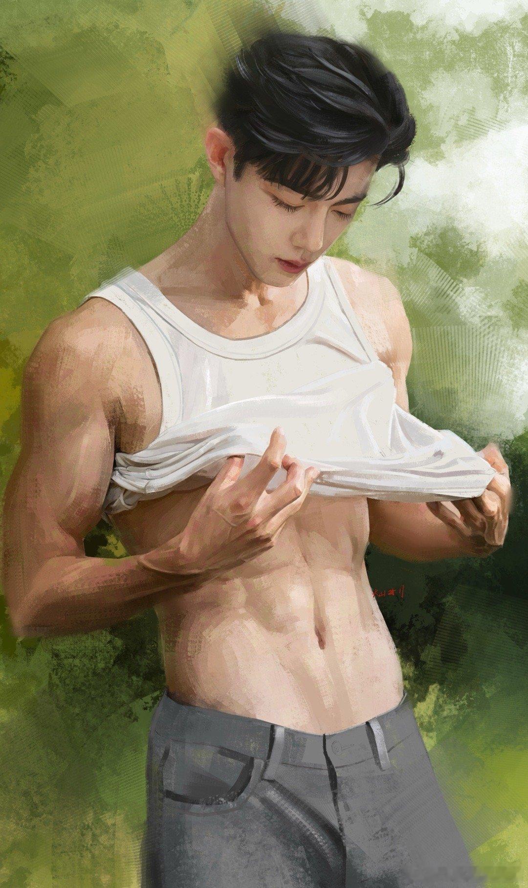 虽然是画的，但是好斯哈斯哈，薄肌美少年