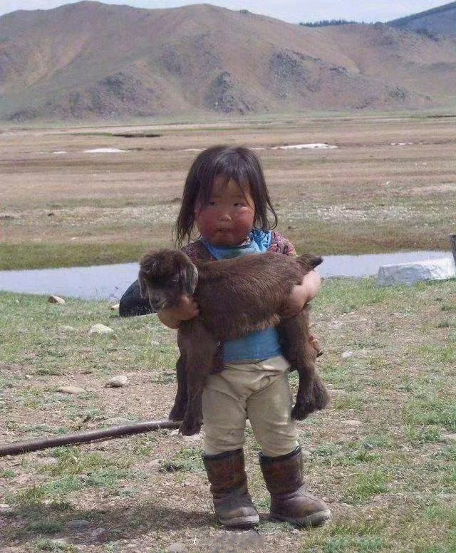 “西藏的小女孩看见摄影师在拍照，于是立马抱起身边的小伙伴” 