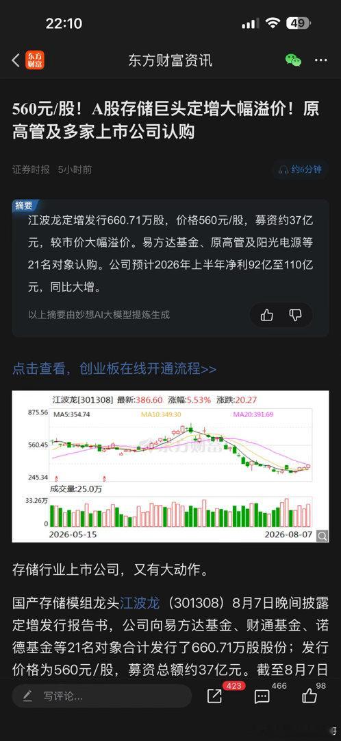 我们的小龙龙！下周一有大肉吃了！！！江波龙定增发行660.71万股，价格560元