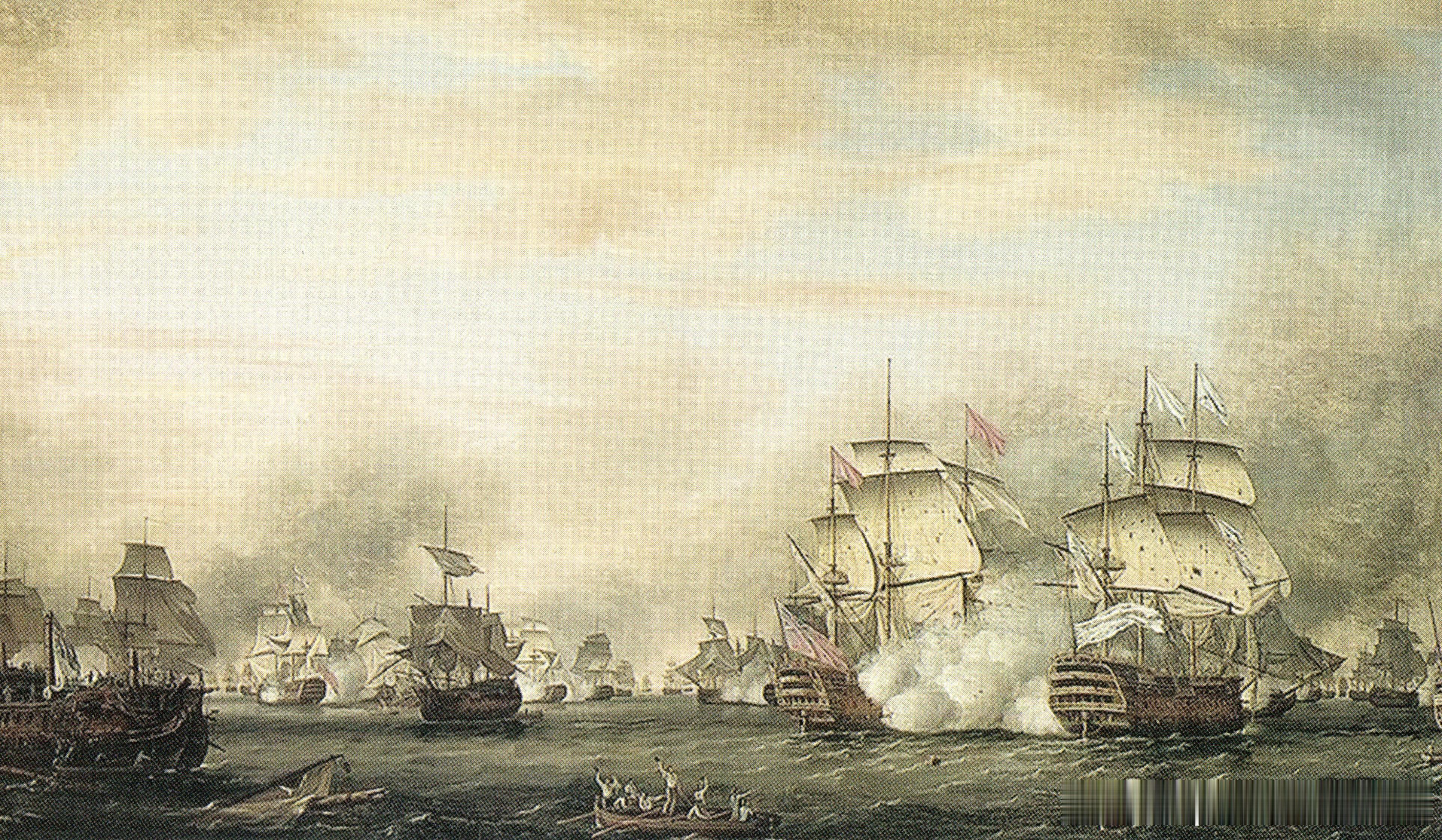 1782年4月12日圣徒岛海战，画中右侧英舰“巴芙勒尔”号与法舰“巴黎城”号正猛