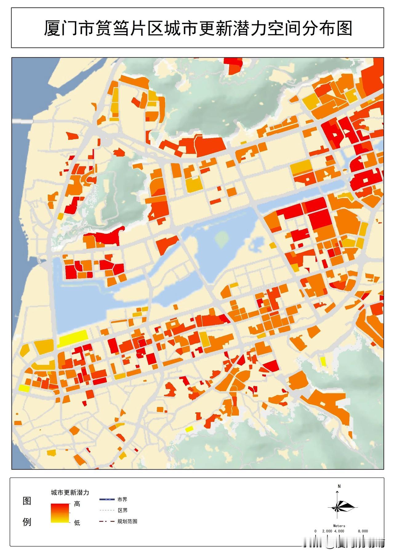 厦门市筼筜片区城市更新潜力空间分布图
哪里有更新潜力哪里就红，越红潜力越大。
对