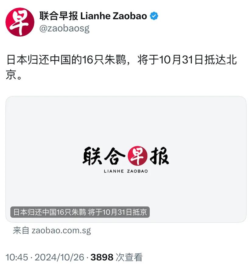 外媒今天（10月26日）报道：“日本归还中国的16只朱鹮，将于10月31日抵达北