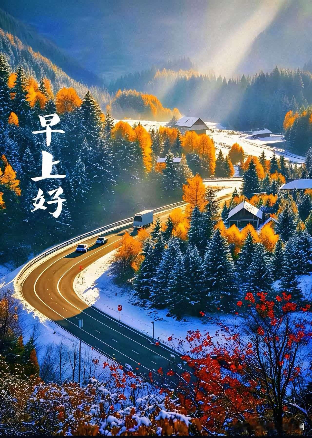 秋染层林，晨光漫过山岗。
一半秋黄，一半霜雪，岁月安然。
新的一日，愿平安顺遂，