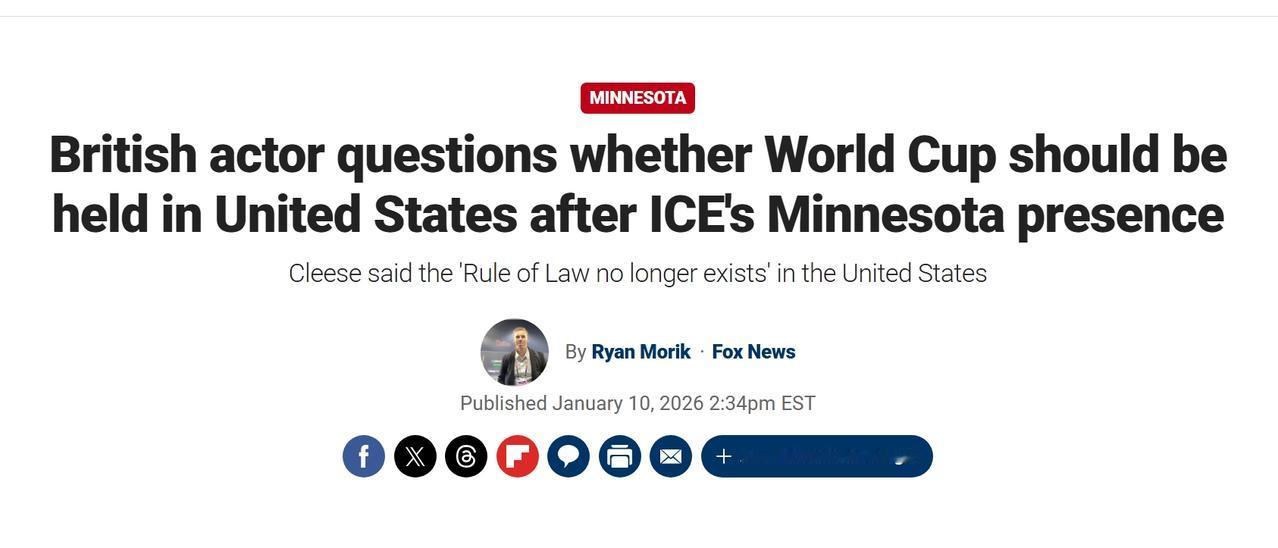 英国著名演员表示美国法律已经不存在，世界杯不应该在美国举办

美国ICE特工在明