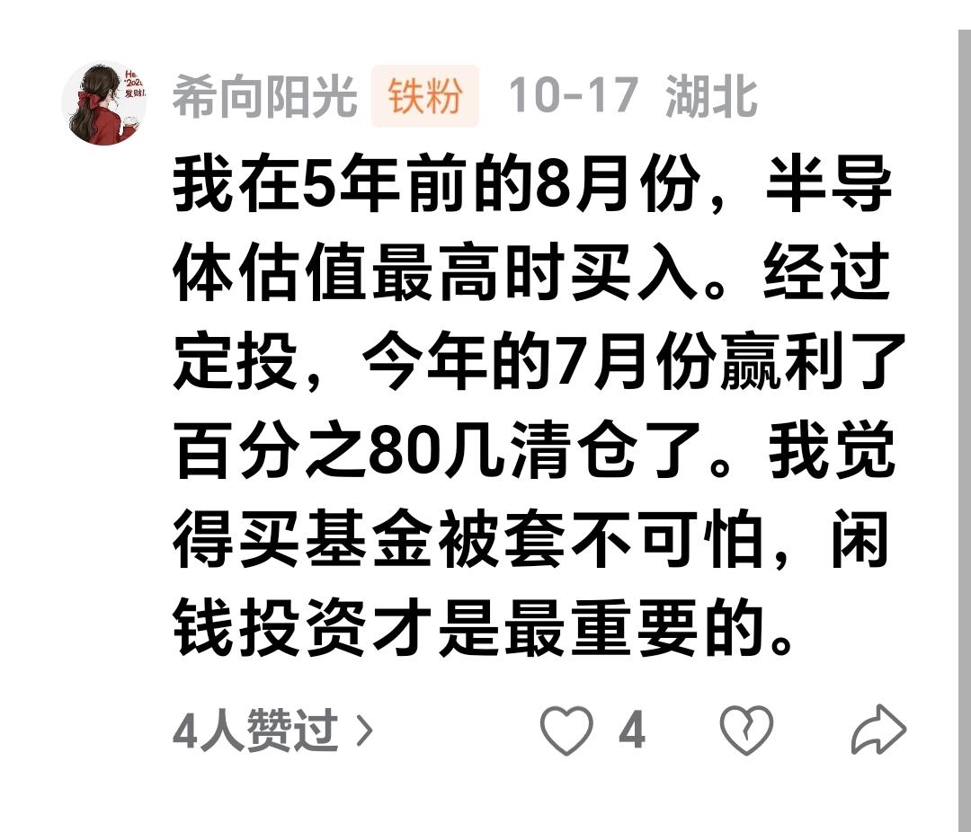 基金：我在5年前的8月份，半导体估值最高时买入。经过定投，今年的7月份盈利了百分