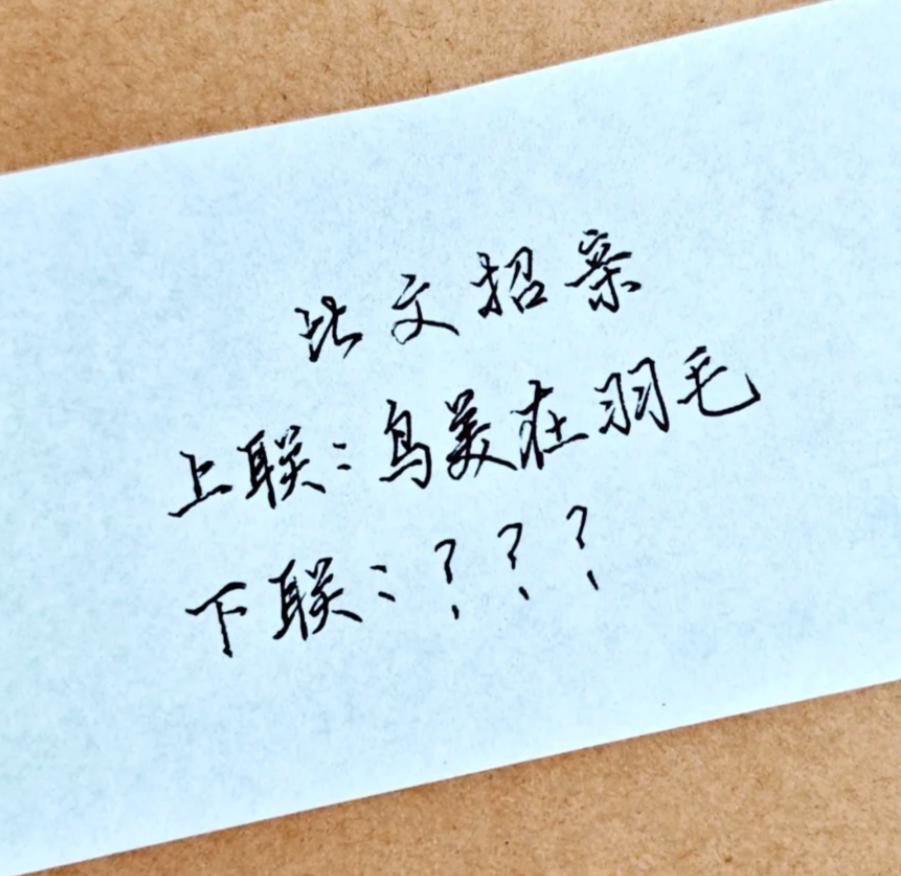 假如穿越到古代比文招亲现场，肚子里没点墨水可不行。
考考你，上联：鸟美再羽毛。