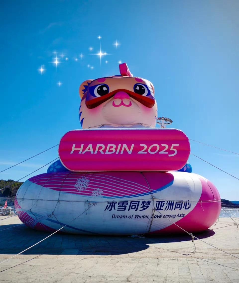 亚冬会吉祥物妮妮到达了漠河，在漠河的北极村进行了打卡！

天空真的是湛蓝湛蓝的，