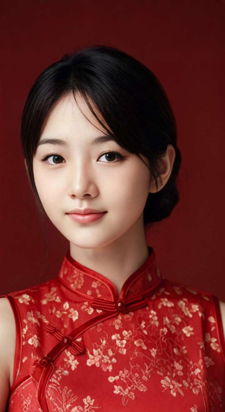 AI扩图 AI红裙浅笑