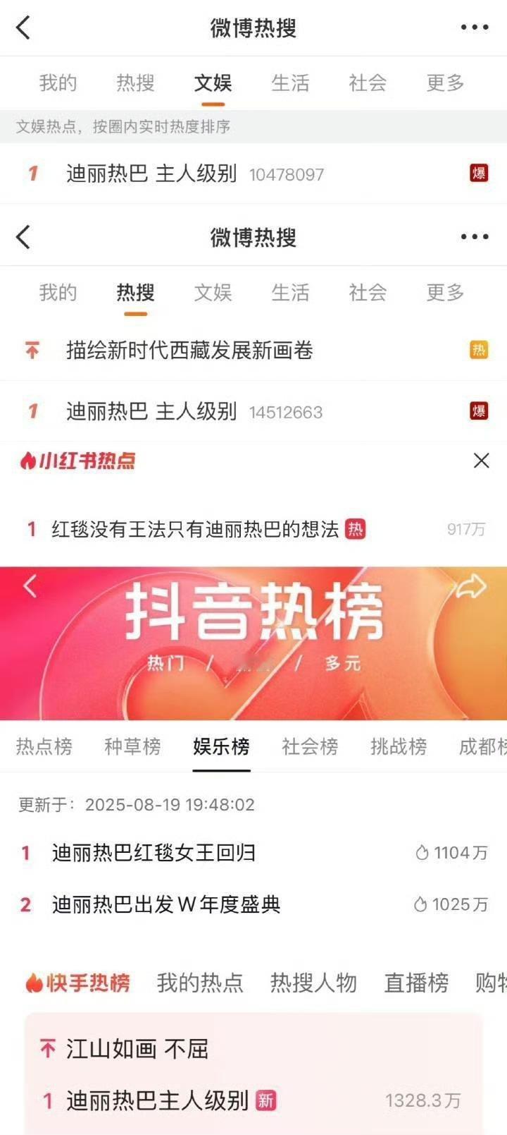 迪丽热巴时隔605天走红毯，出山即出圈，微博 抖音 快手 小红书 全平台热度登顶
