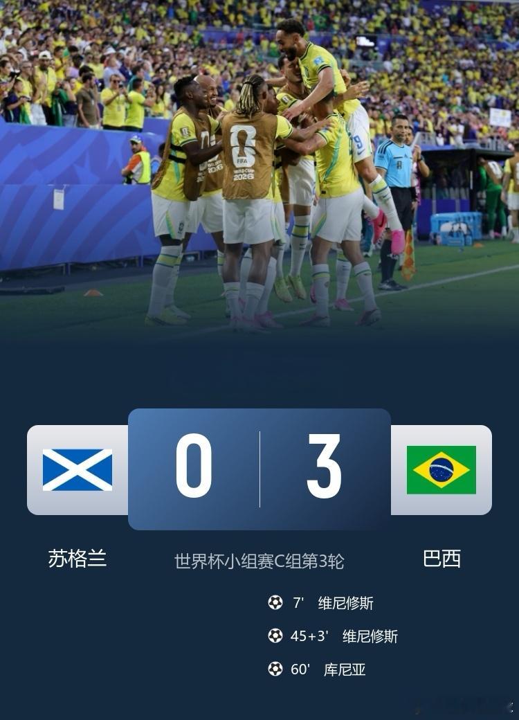 【桑巴军团小组头名出线！威尼修斯双响+内马尔替补登场，巴西3-0轻取苏格兰】🇧