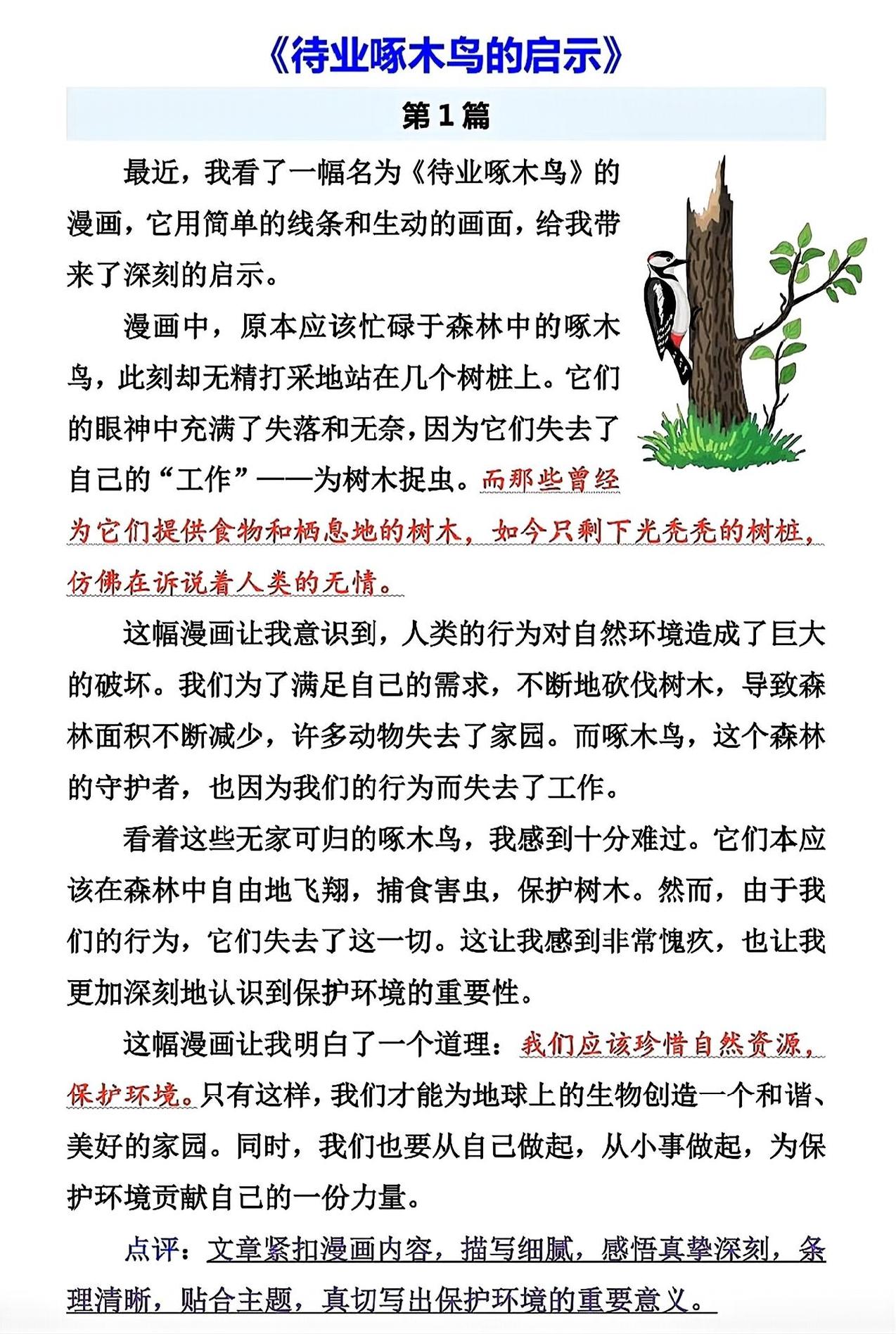 五年级下册语文，第八单元习作《待业啄木鸟的启示》作文范文5篇，收藏备用