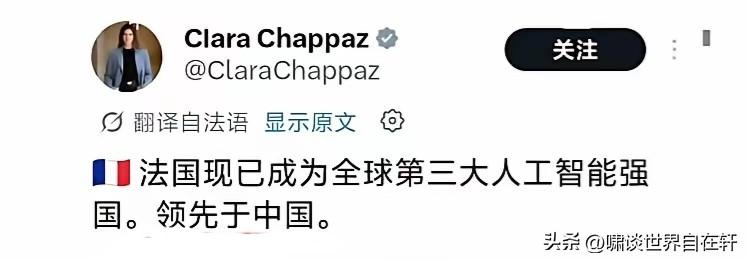 法前AI国务秘书长：
法国已是全球第三大AI强国，领先中国。
是不是很懵？
中国
