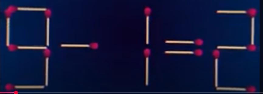 这是用火柴棒拼成的“9 - 1 = 2”算式，目前等式不成立。现在需要移动其中一