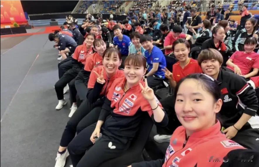 张本美和这小姑娘比她哥哥强太多！
亚锦赛女团颁奖典礼时，国乒女队员和日乒女队员坐