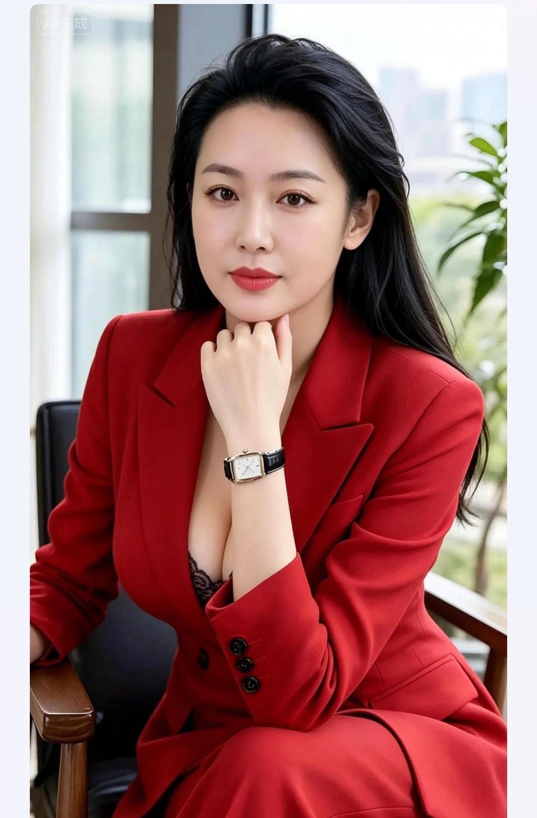 优雅红衣女郎，自信满满，职场精英风范。 