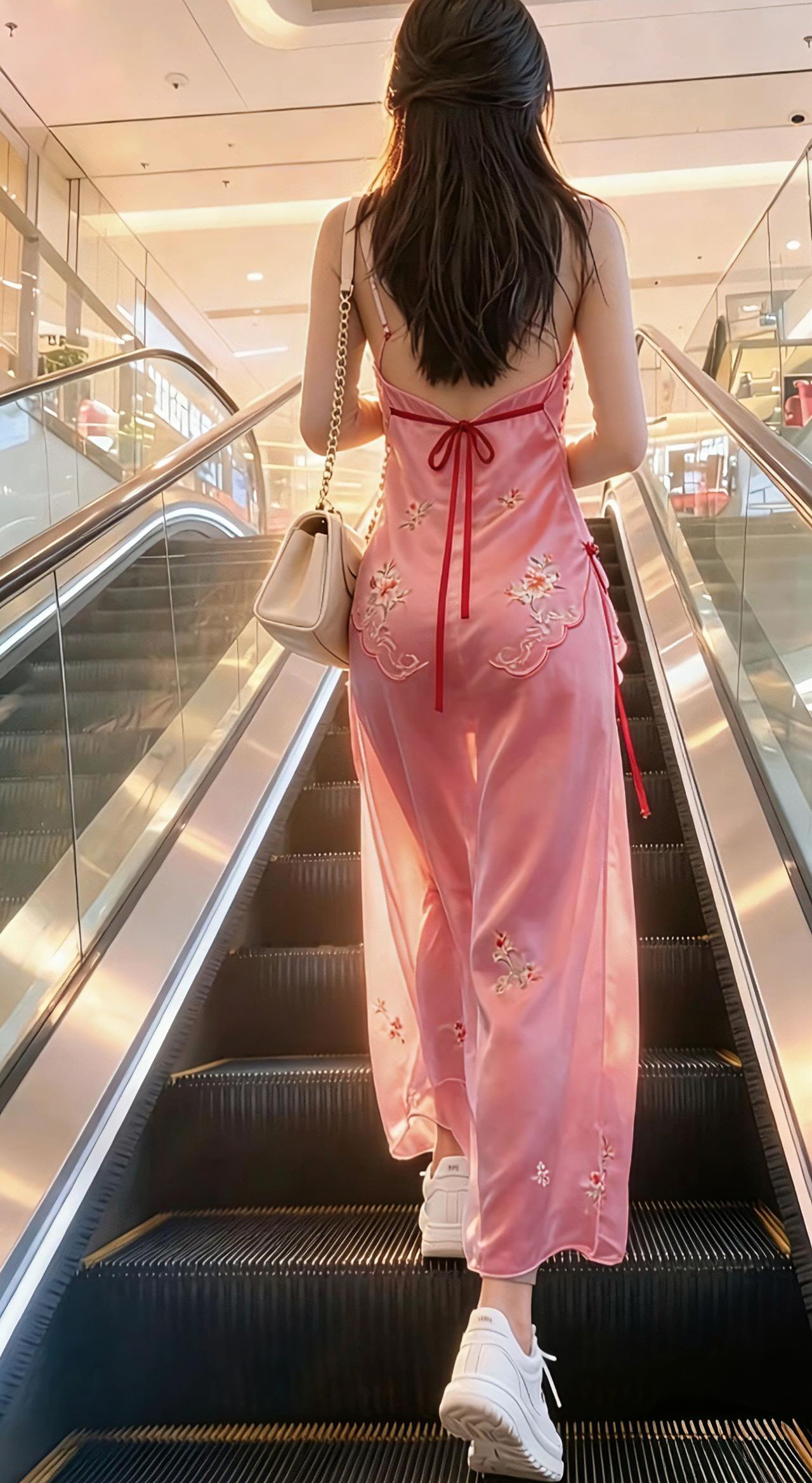 花卉缠枝，真丝露背装。穿这个逛商场吸睛率，回头率杠杠的。传统服饰 随拍