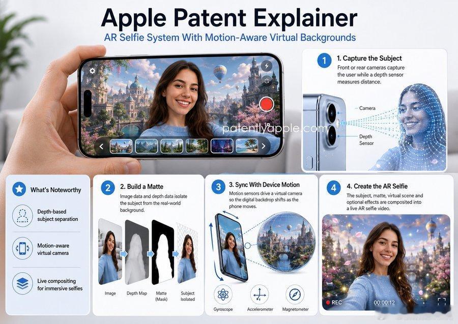 美国专利商标局昨日公布Apple一项全新授权专利，该专利提出一套增强现实自拍生成