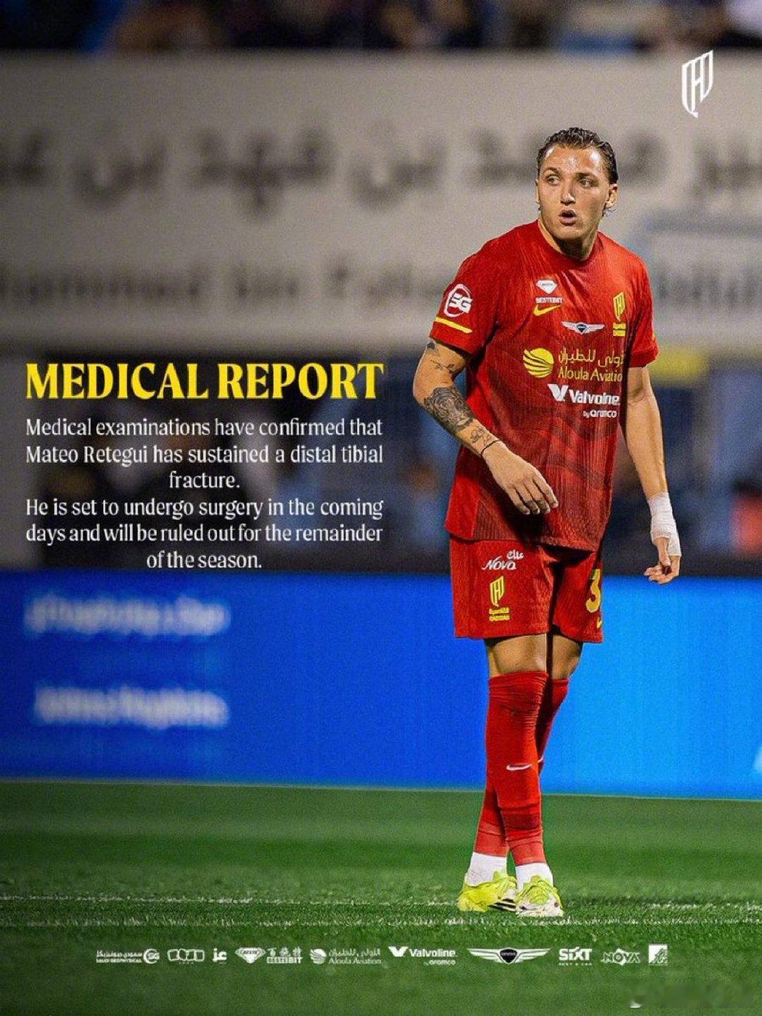 【伤停】胡拜尔库迪西亚前锋雷特吉在对利雅得青年人的比赛中伤退，经检查确认为左脚胫