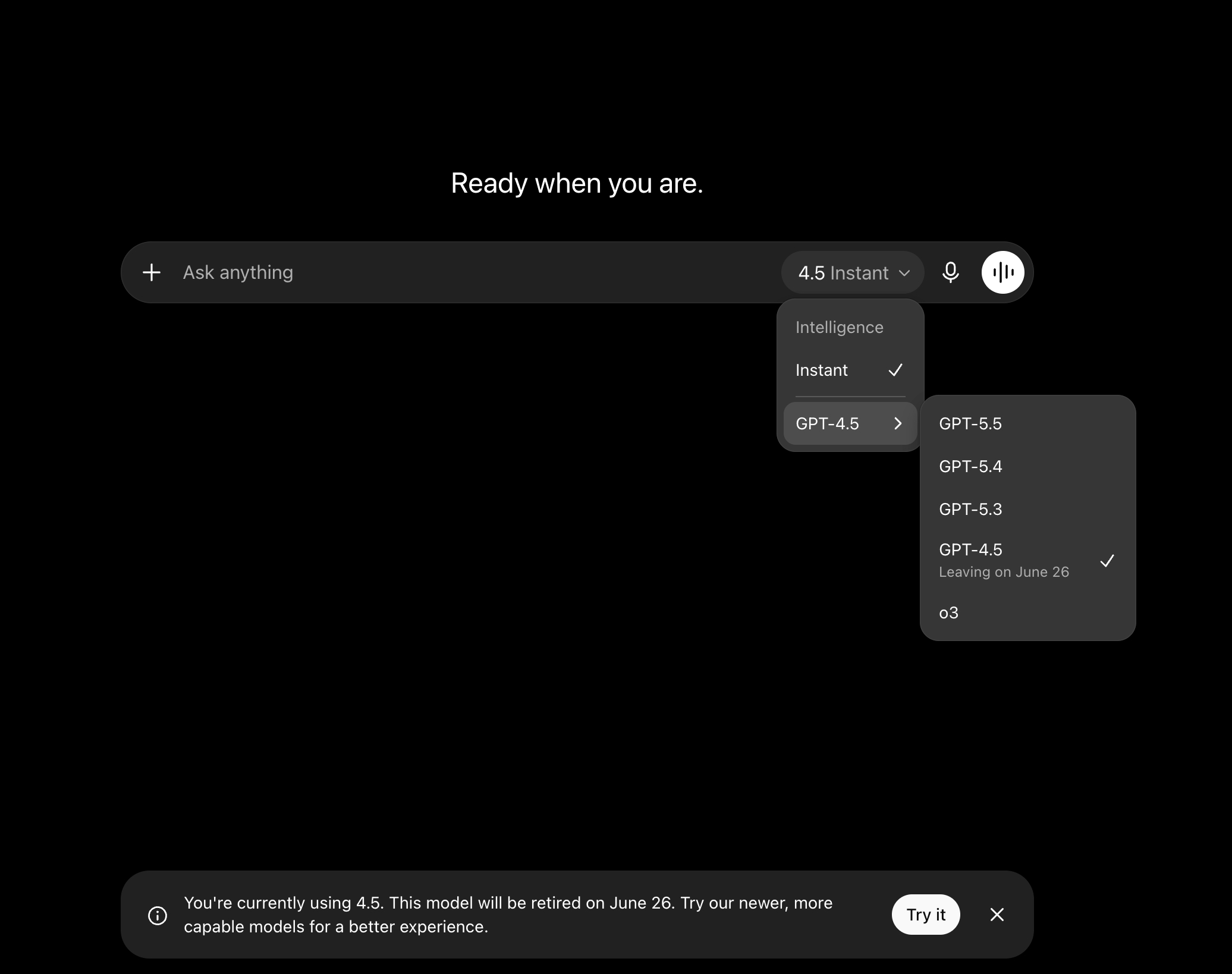 6 月 26 日，OpenAI 正式从 ChatGPT 中移除了 GPT-4.5