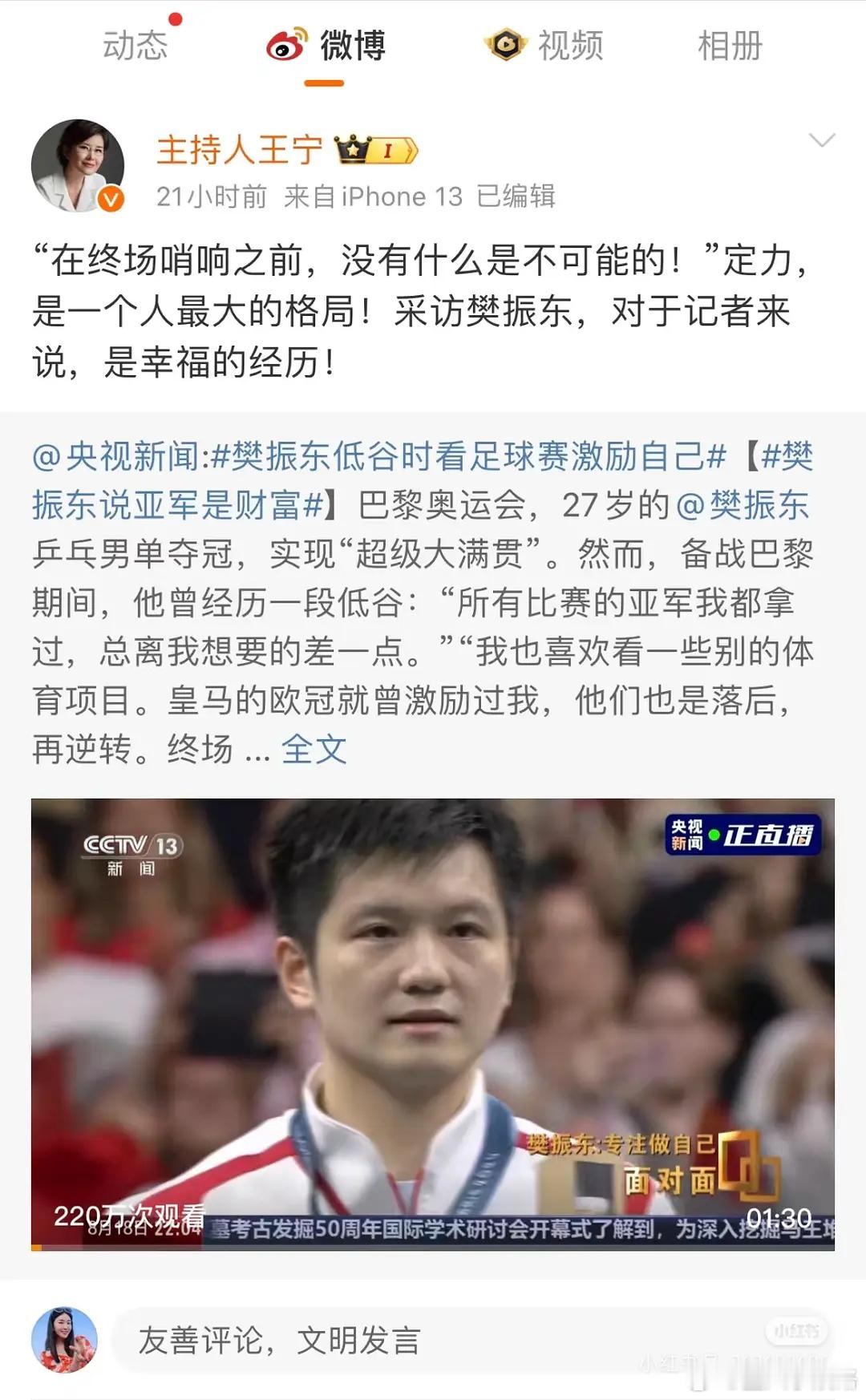 王宁对樊振东的评价 ​​​