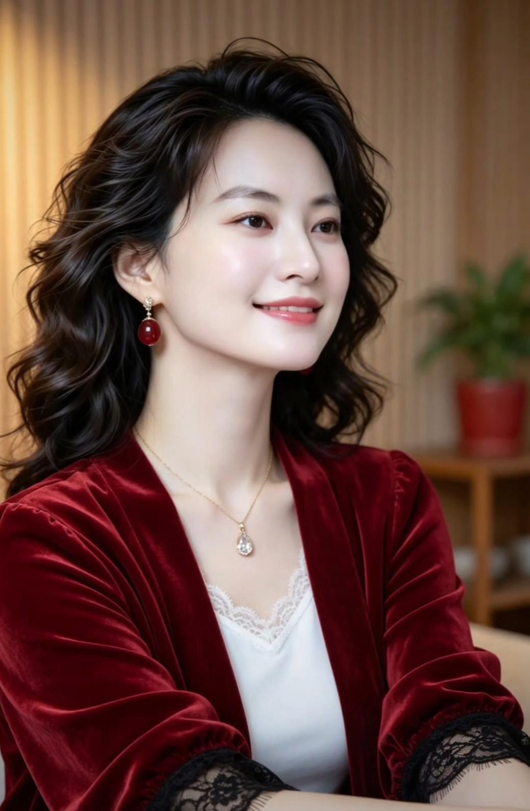 这位女士穿着红色外套，笑容甜美。