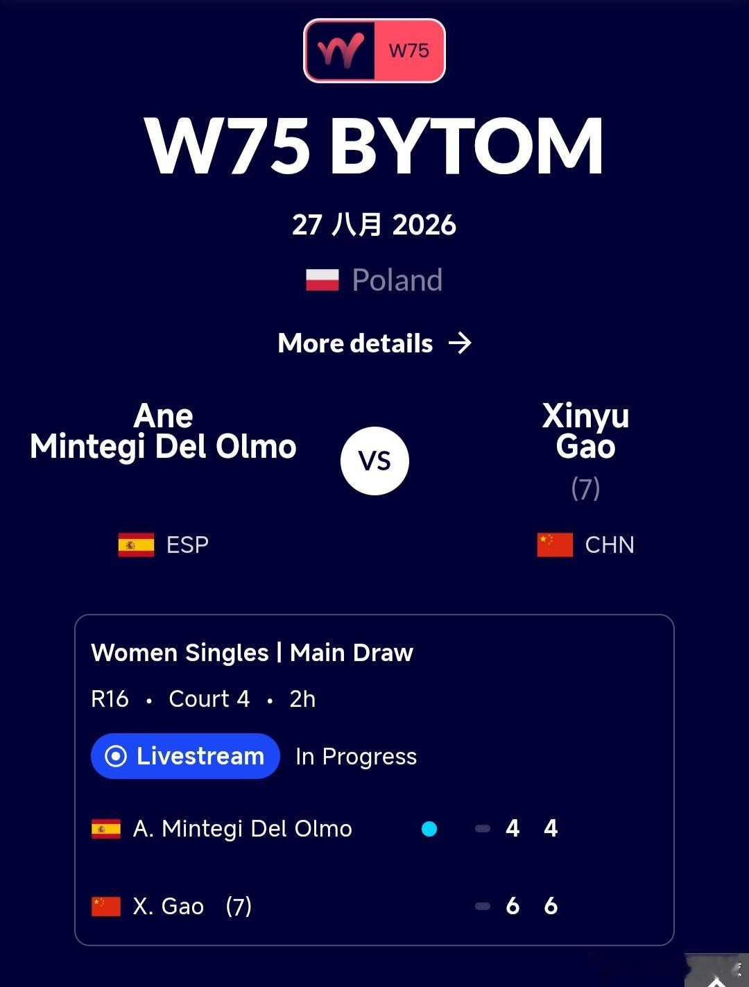 W75比托姆站🇵🇱女单第2轮高馨妤🇨🇳6-4/6-4战胜德尔奥尔莫🇪?