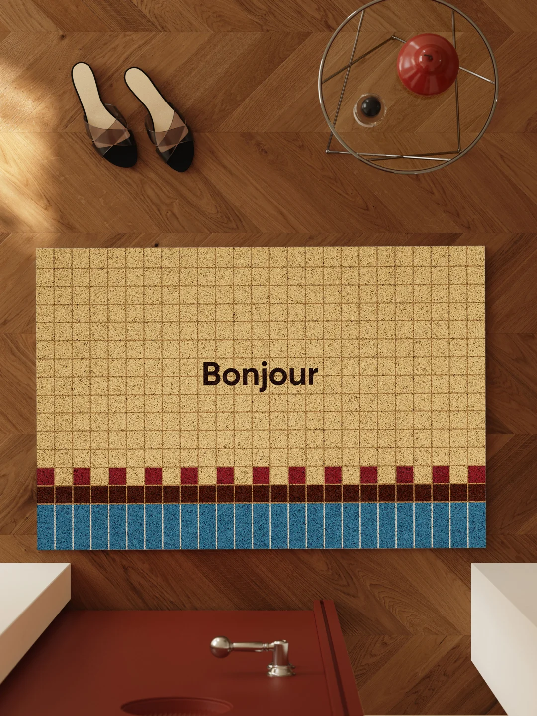 中古奶油黄🟡🔵包豪斯格纹入户垫