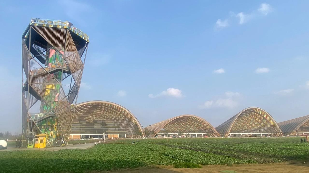 🌿 金属塔把彩漆泼成童话，弧形建筑像大地的温柔褶皱，菜田在蓝天下铺展成治愈的诗