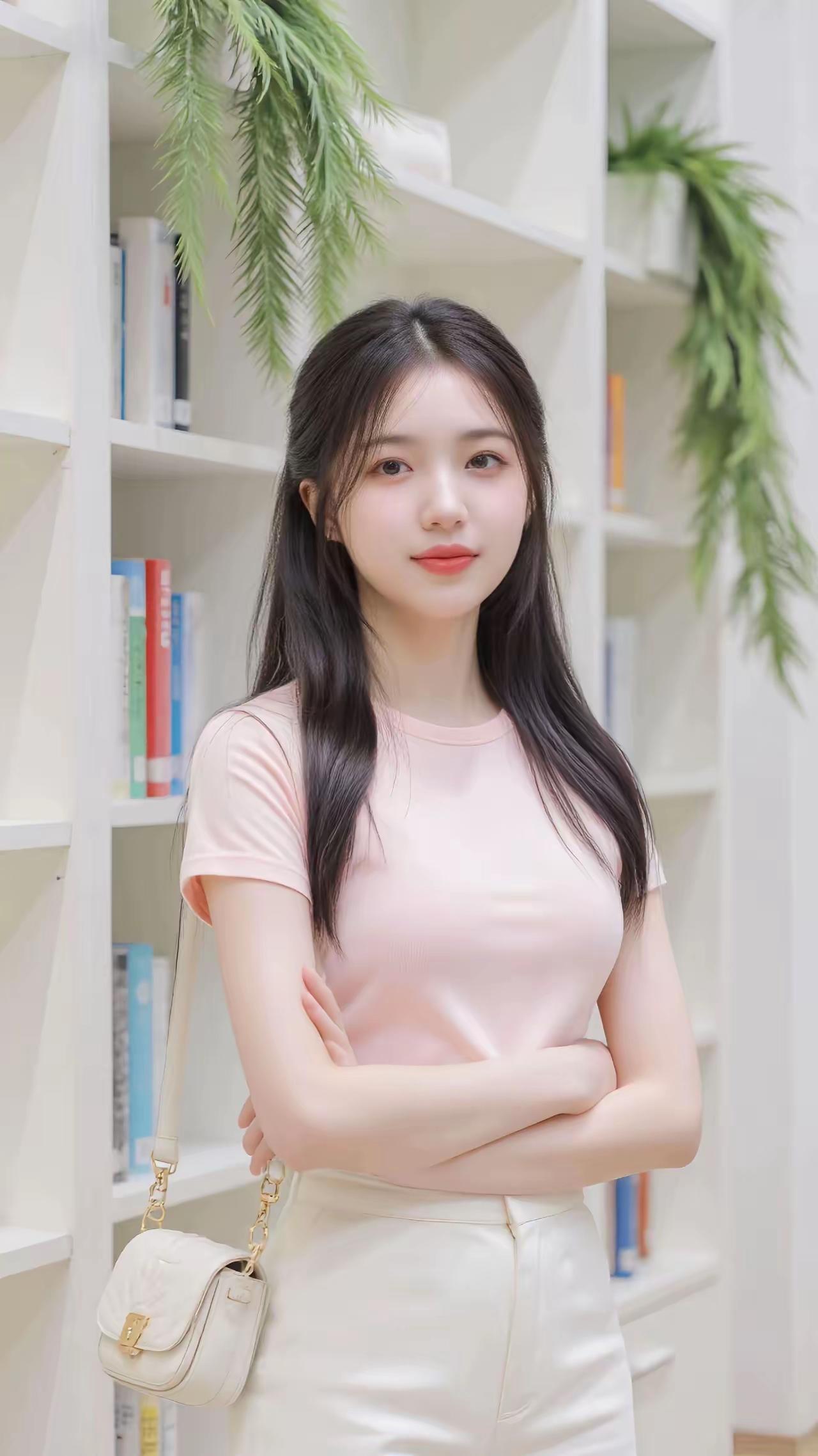 元气少女在书香中绽放，粉嫩T恤搭配白色长裤，清新自然！