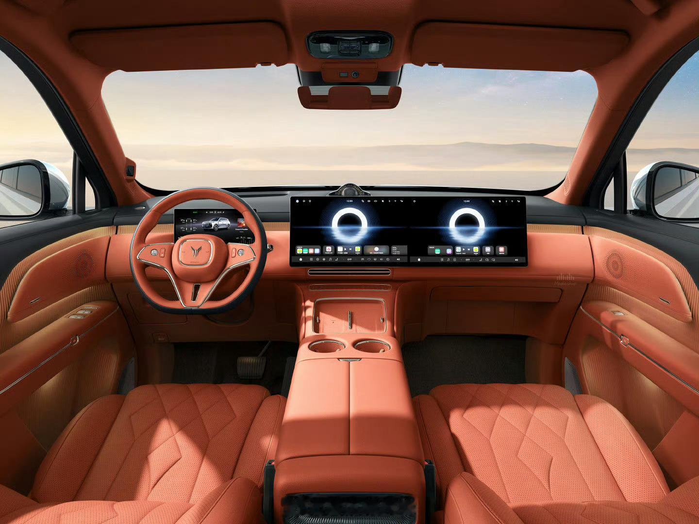 岚图泰山 X8 大五座 SUV 内饰公布，共三款配色，分别是紫檀、赤橙、雪松。你