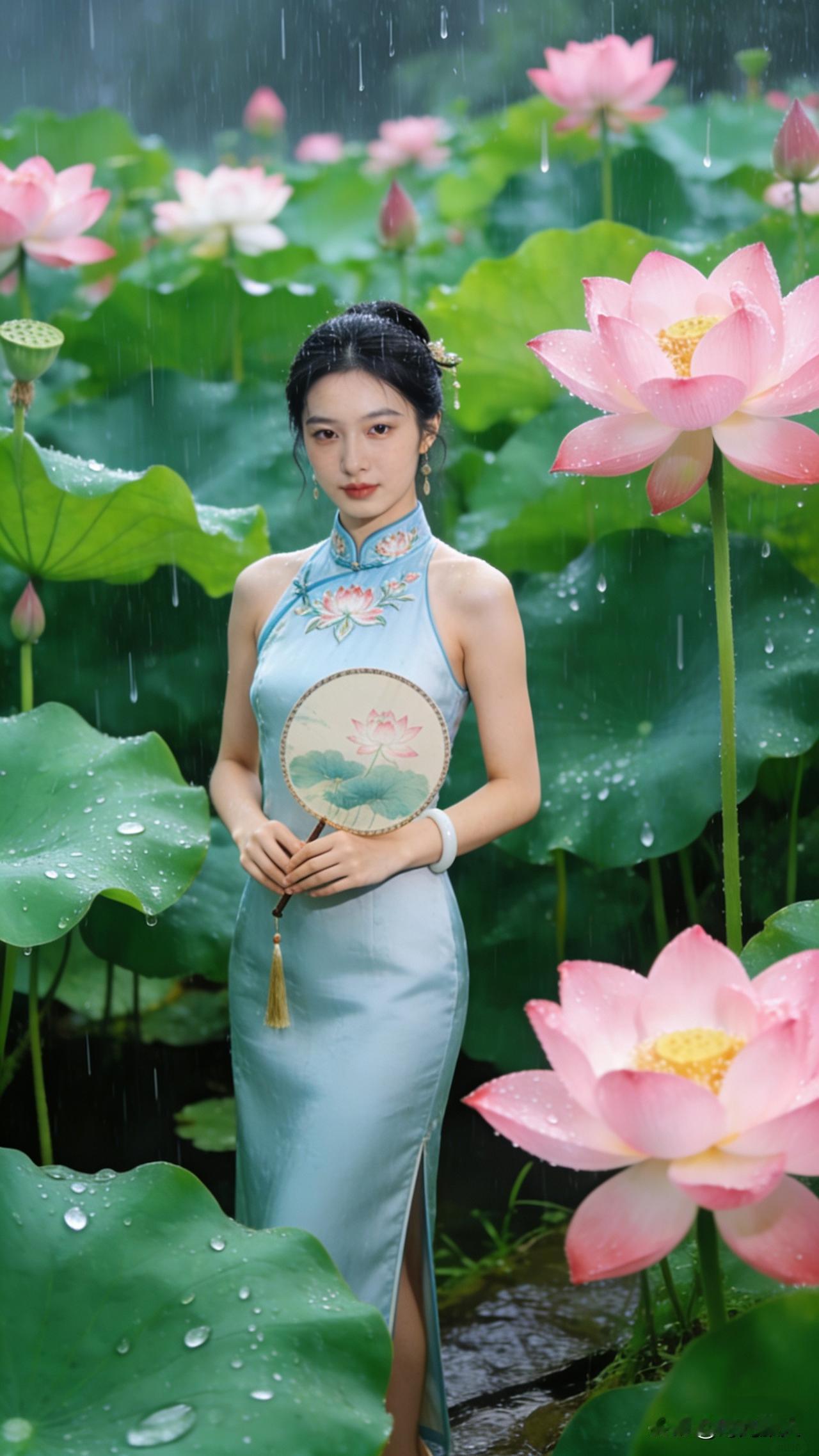 瞧着池边新开的荷苞愣了半晌，扇柄握软了也没凑出下句——
上联：夏雨吻荷荷凝露
下