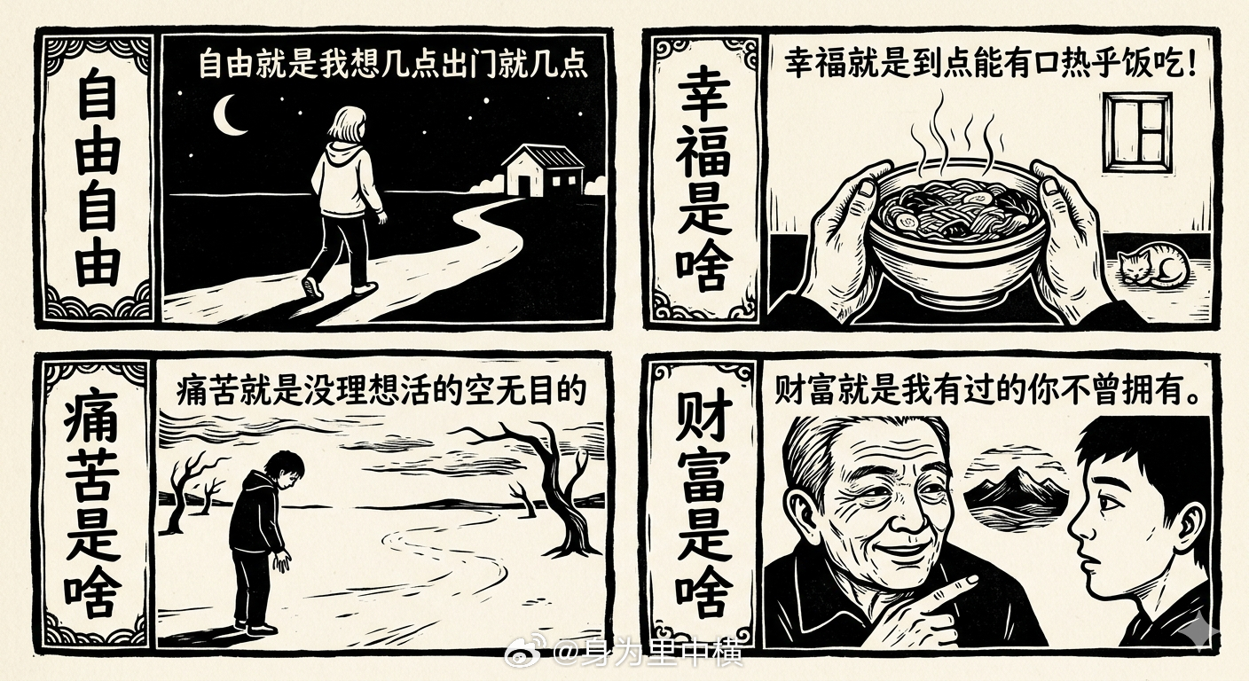 自由是啥？自由就是我想几点出门就几点；幸福是啥？幸福就是到点能有口热乎饭吃！痛苦