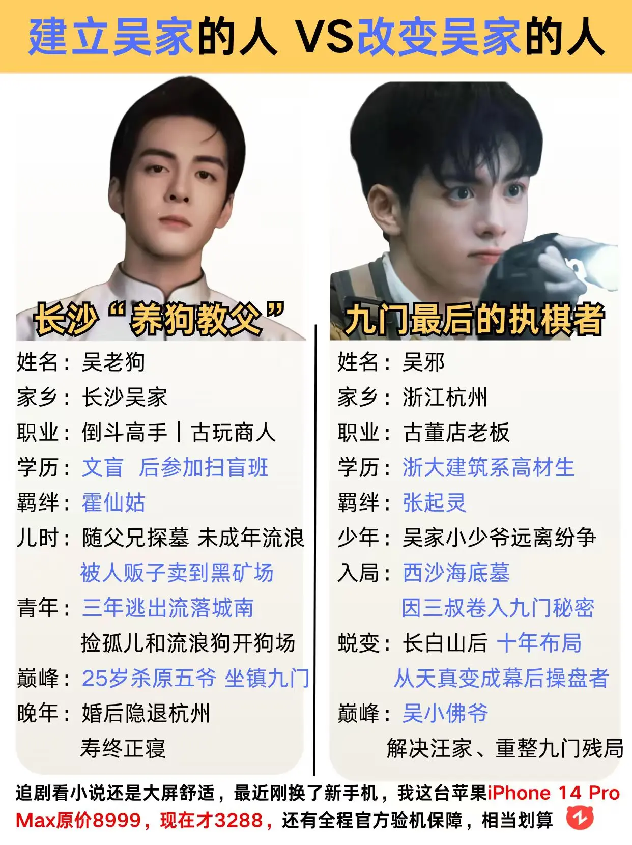 吴老狗VS吴邪，两个人的成长之路。一个开创吴家，一个改变吴家