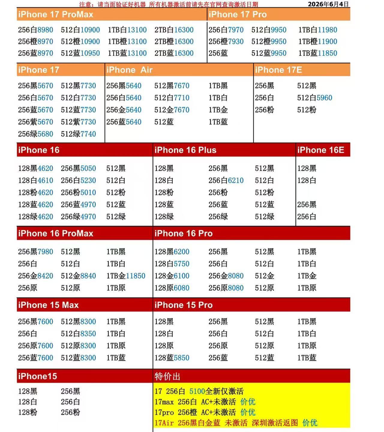 26年6月4日国行苹果手机系列价格更新，今天的17系列部分型号小涨，少数小涨二三