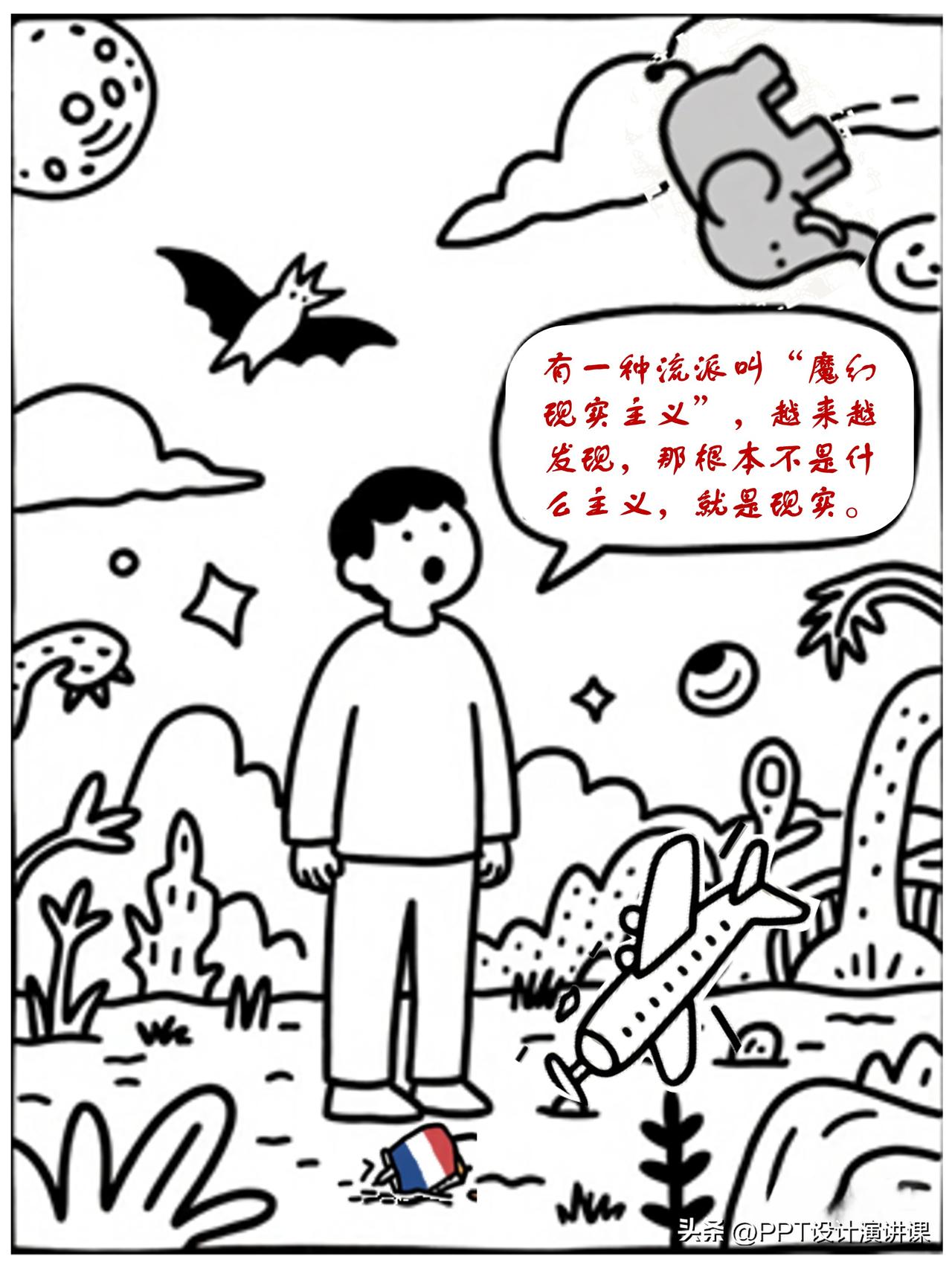 AI创作漫画“魔幻现实主义”PPT调整修改。
有一种流派叫“魔幻现实主义”，越来
