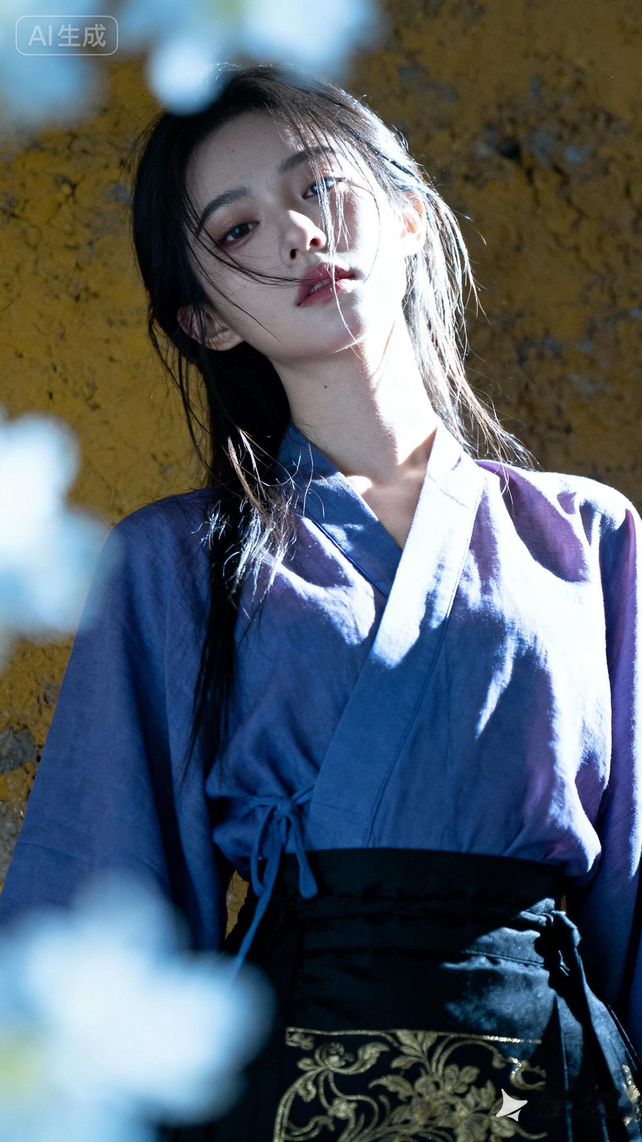 古典韵味，蓝衣少女，花影婆娑，宛如画中人。