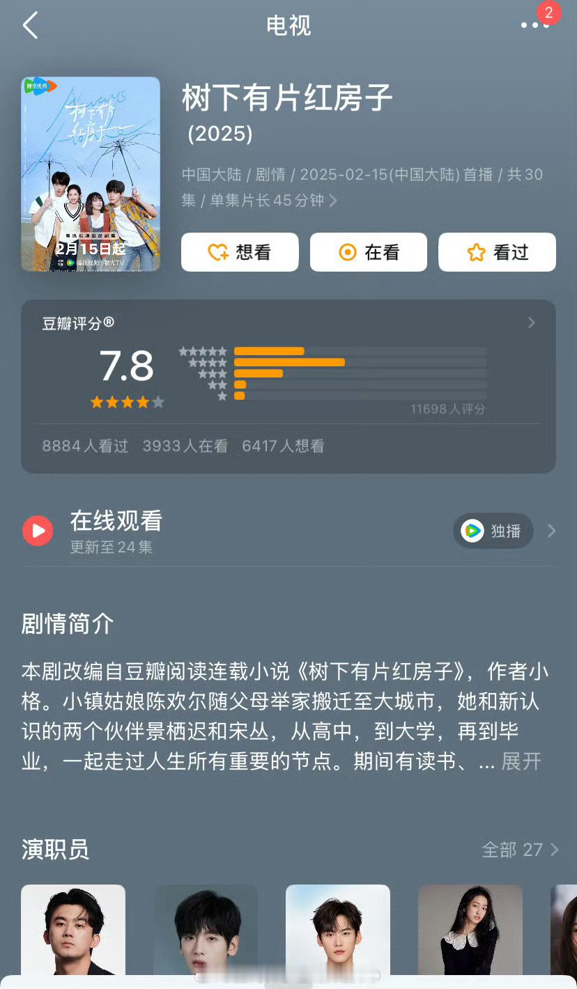 翟潇闻、周柯宇、杨肸子、鹤秋主演的《树下有片红房子》豆瓣开分7.8 大家觉得这个