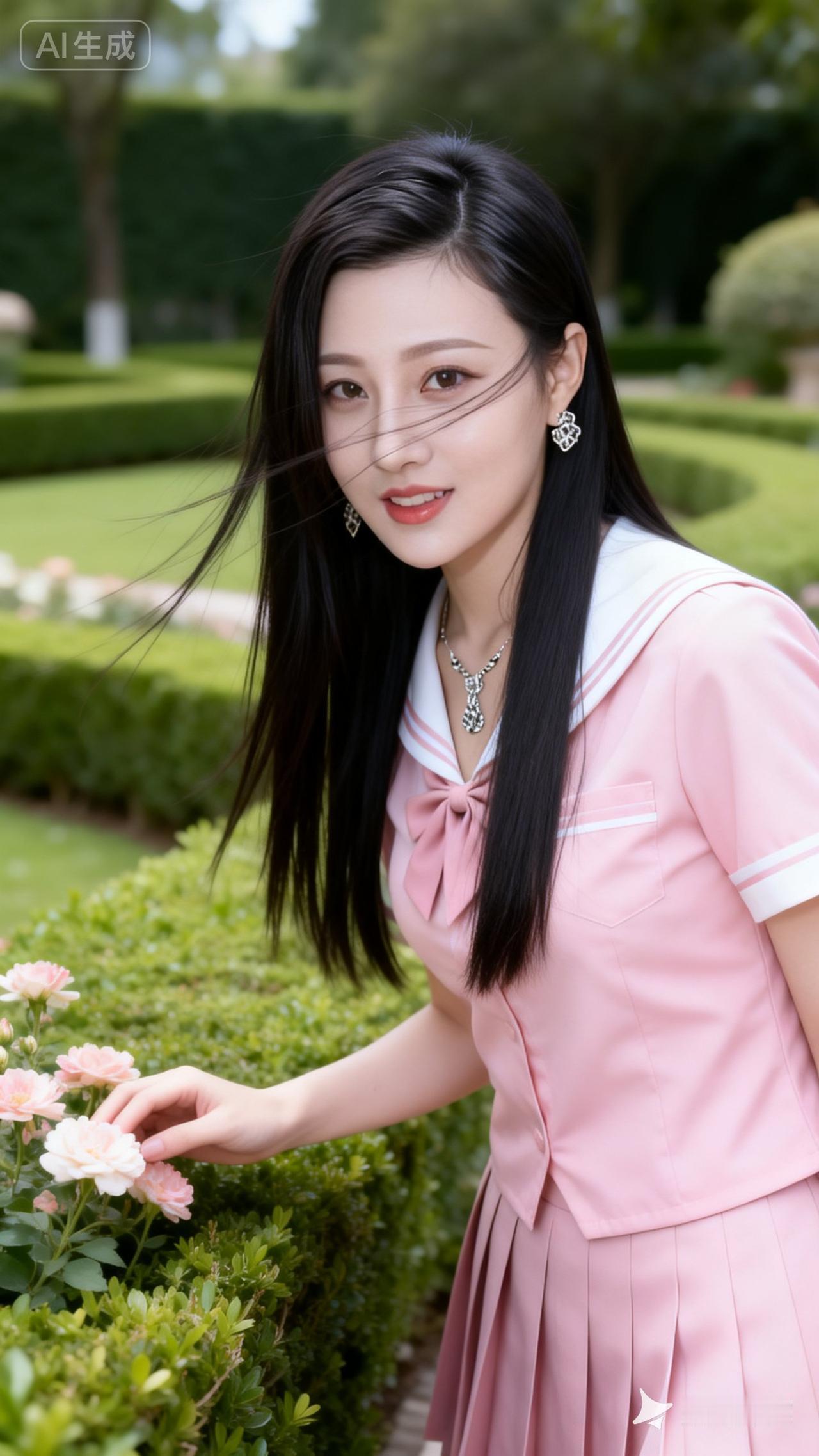 少女心满满，粉色校服少女在花园中绽放微笑😊