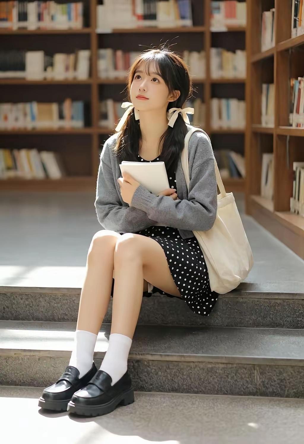 在图书馆的小美女。
感觉，在图书馆拍照打卡的不少，但真的把大部头书看完，出了校门
