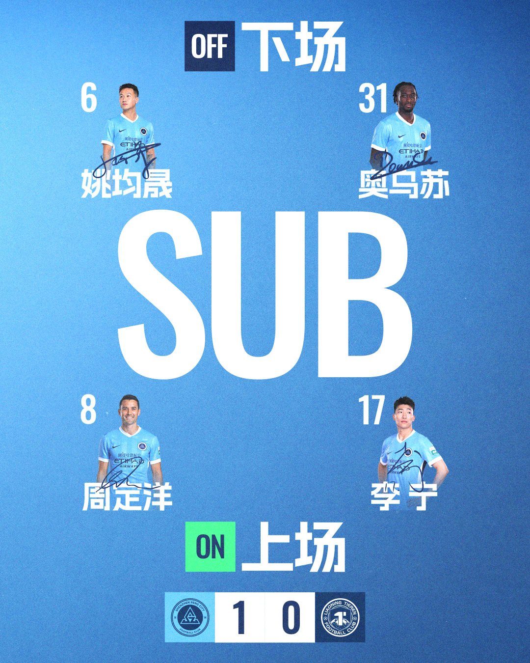 第81分钟，深圳新鹏城换人李宁、周定洋登场换下奥乌苏跟姚均晟深圳新鹏城vs辽宁铁