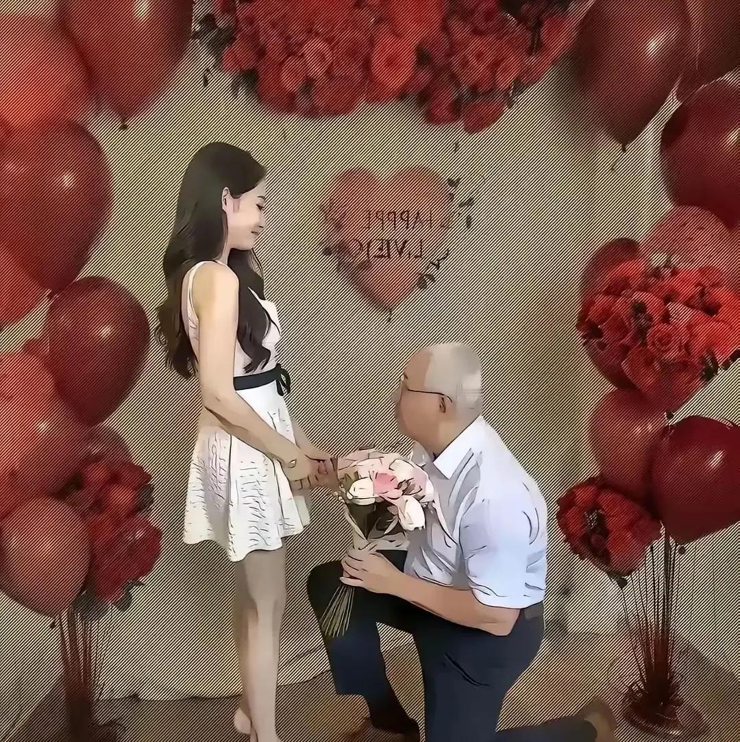 一位老爷爷在求婚现场单膝跪地。