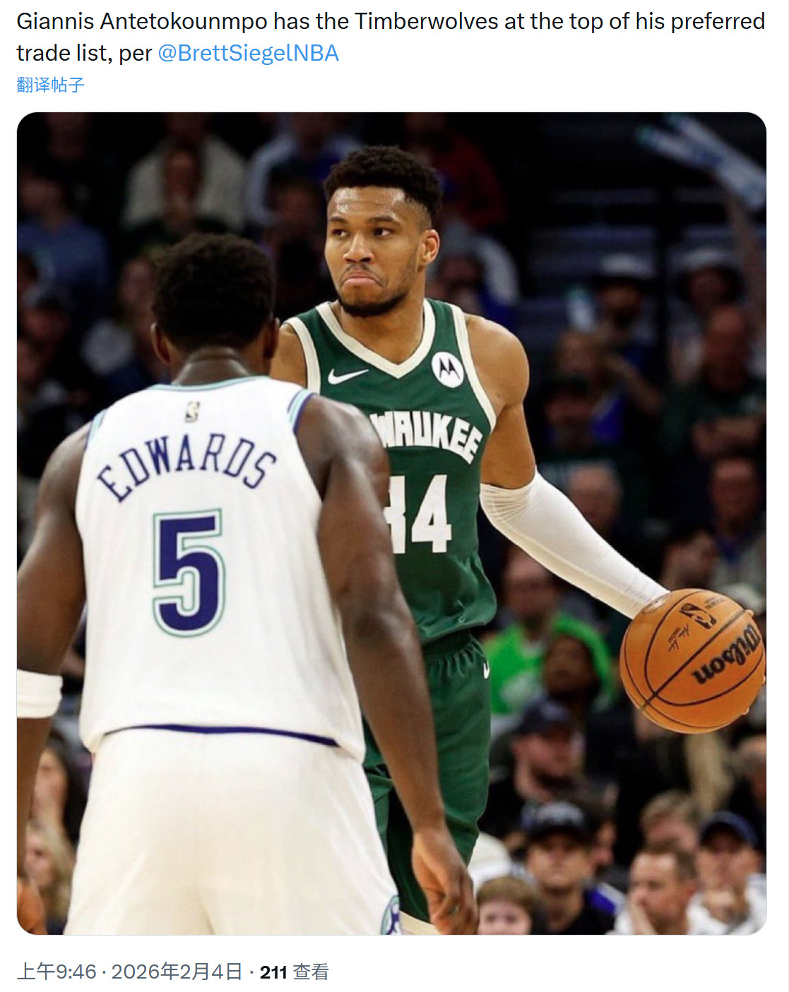 记者Brett Siegel：字母哥现在将森林狼列为头号心仪下家。哈登被交易至骑