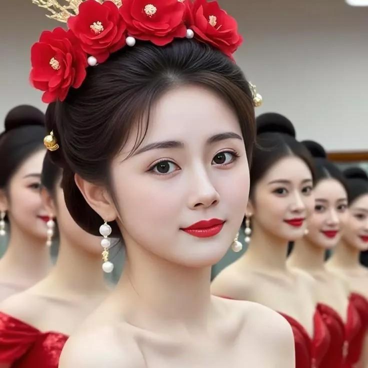 典雅的东方美人，精致花环点缀，红衣飘逸，韵味十足。东方气质美人 东方古典美女 红