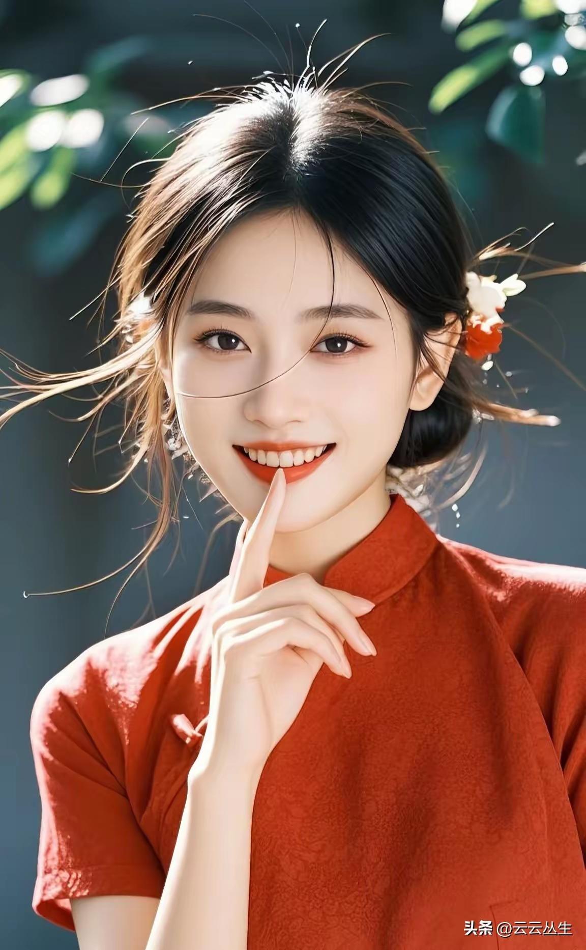 温柔甜美的东方美人，红衣飘飘，微笑如花。