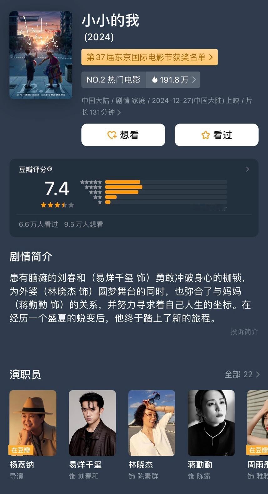 《小小的我》豆瓣开分7.4。 