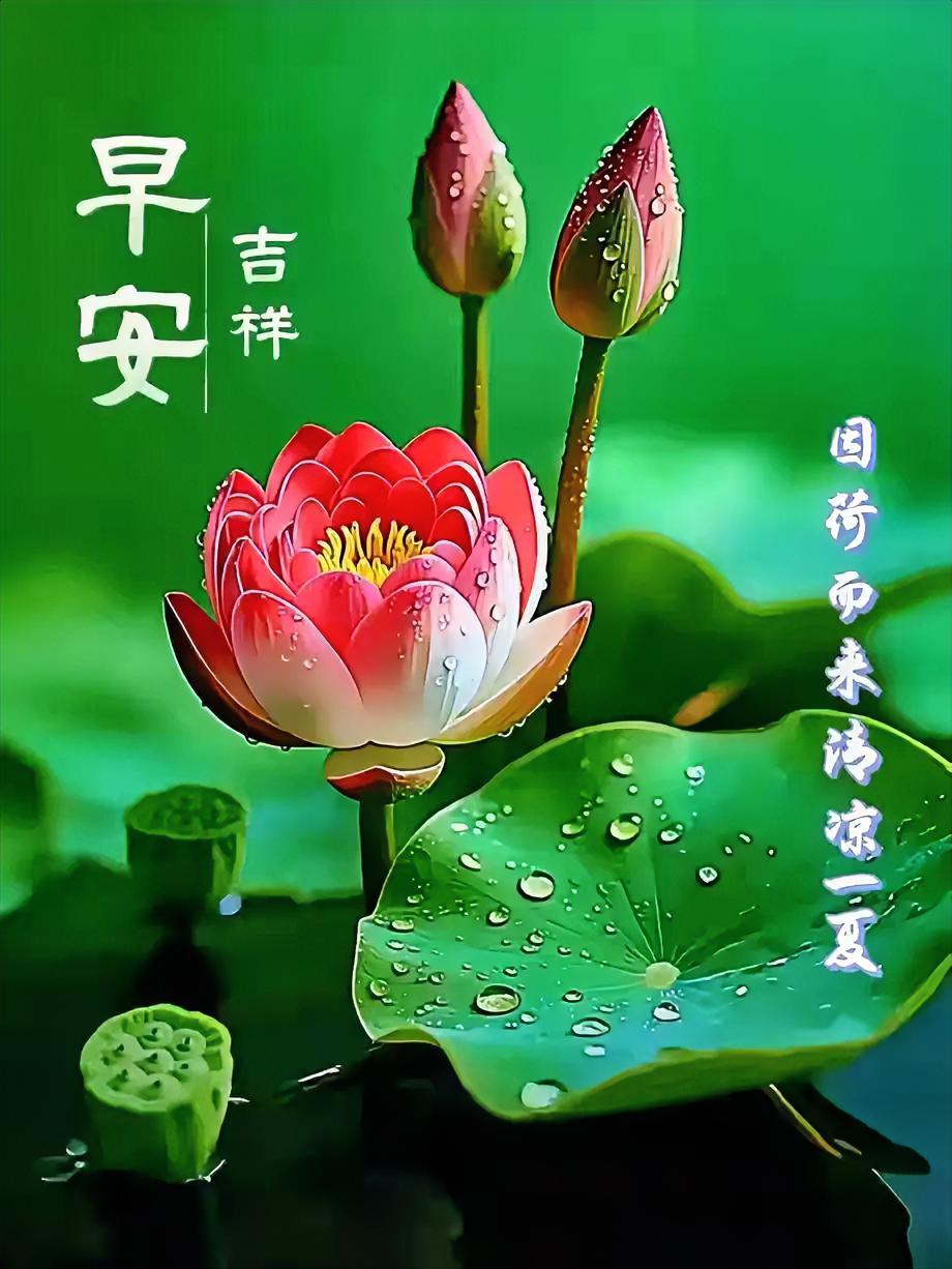 早安吉祥，荷塘晨露送清凉，一朵红莲开，整夏都温柔。